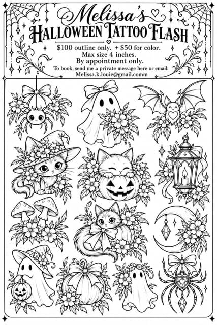 Melissas Halloween Tattoo Flash sheet with black and white designs including witches, ghosts, pumpkins, cats, and florals