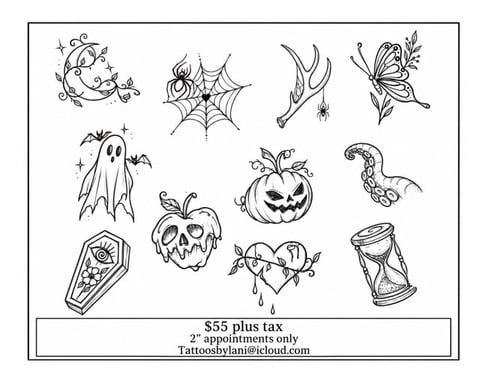 Collection of Halloween-themed tattoo designs including ghost, pumpkin, skull, spider web, moon, butterfly, dagger, snake, coffin, and hourglass sketches