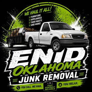 Enid Oklahoma Junk Removal logo featuring white pickup truck with trailer and green circular design