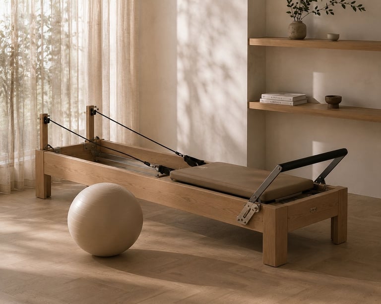 A wooden Pilates reformer bed with black straps and a beige exercise ball in a bright, minimalist room with shelving.