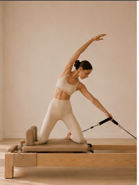 Woman performing Pilates exercise on wooden reformer machine, kneeling in neutral beige activewear against light background