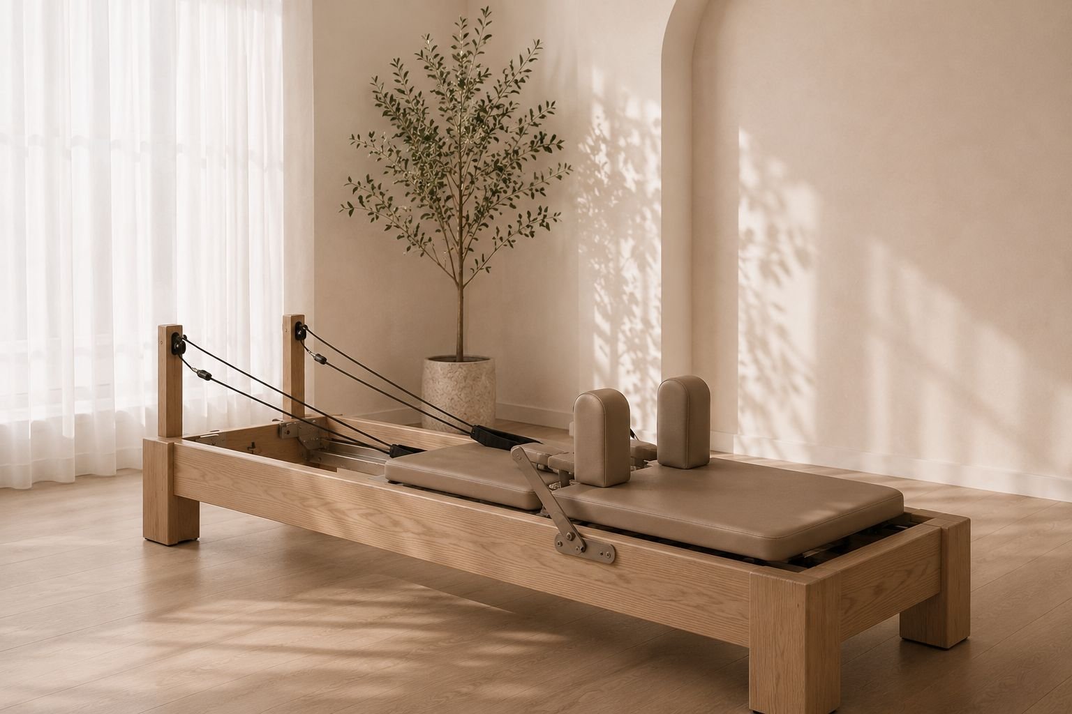 Minimalist pilates reformer in a bright studio with wooden flooring, potted plant, and natural light casting shadows on beige walls