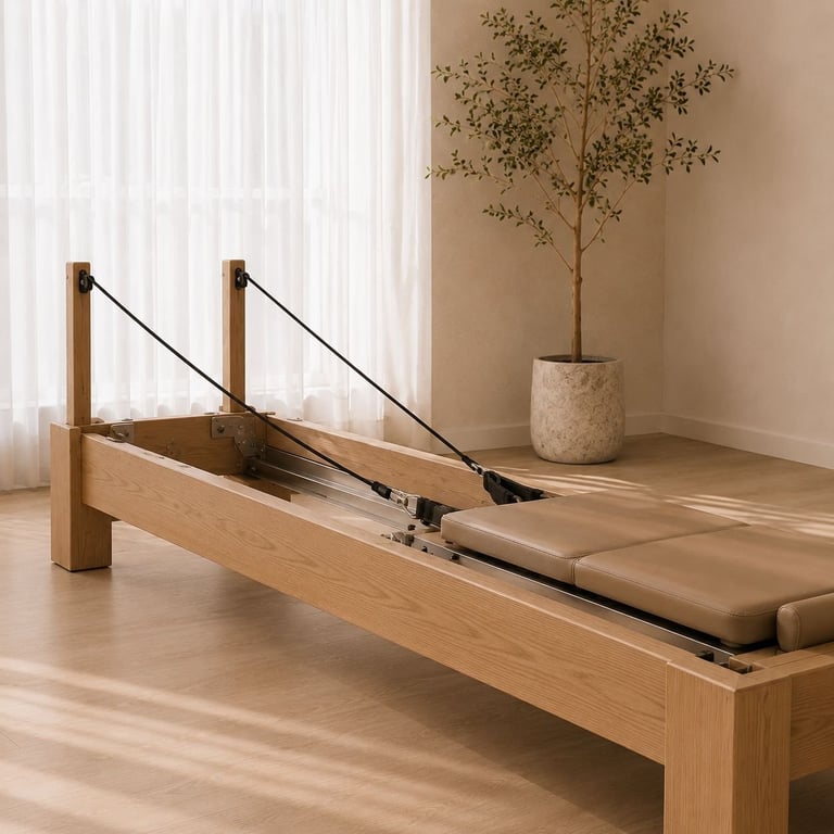 Wooden Pilates reformer bed in a bright, minimalist studio with sheer curtains and a potted plant