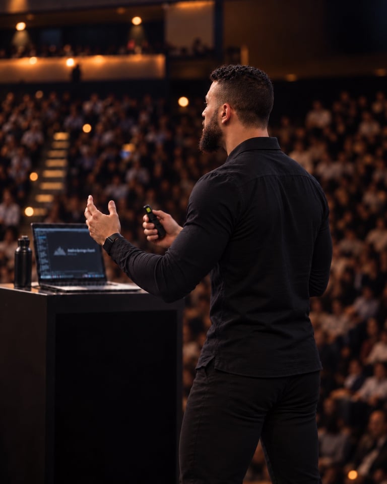 Tony Canty presenting from a podium with a microphone to a full auditorium audience