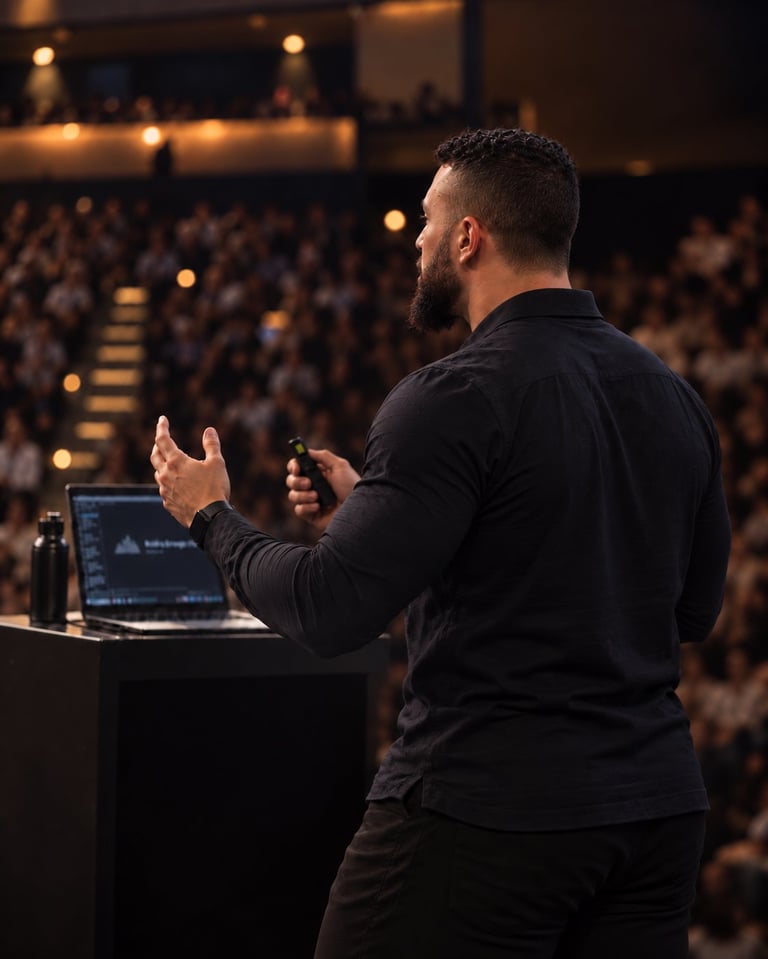 Man in black shirt speaking passionately on stage with laptop, gesturing to large audience in auditorium with warm lighting