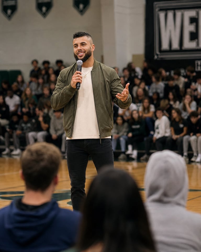 Tony Canty speaking into a microphone at a gymnasium event with an audience seated on bleachers