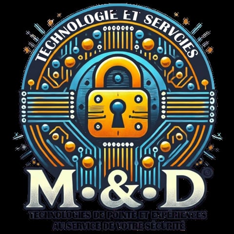 M&D Technology and Services logo featuring a stylized padlock with circuit board design in blue, orange and gold colors