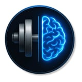 Circular icon showing a dumbbell weight on the left side and a glowing blue brain on the right side, symbolizing fitness and intelligence or mind-body connection.