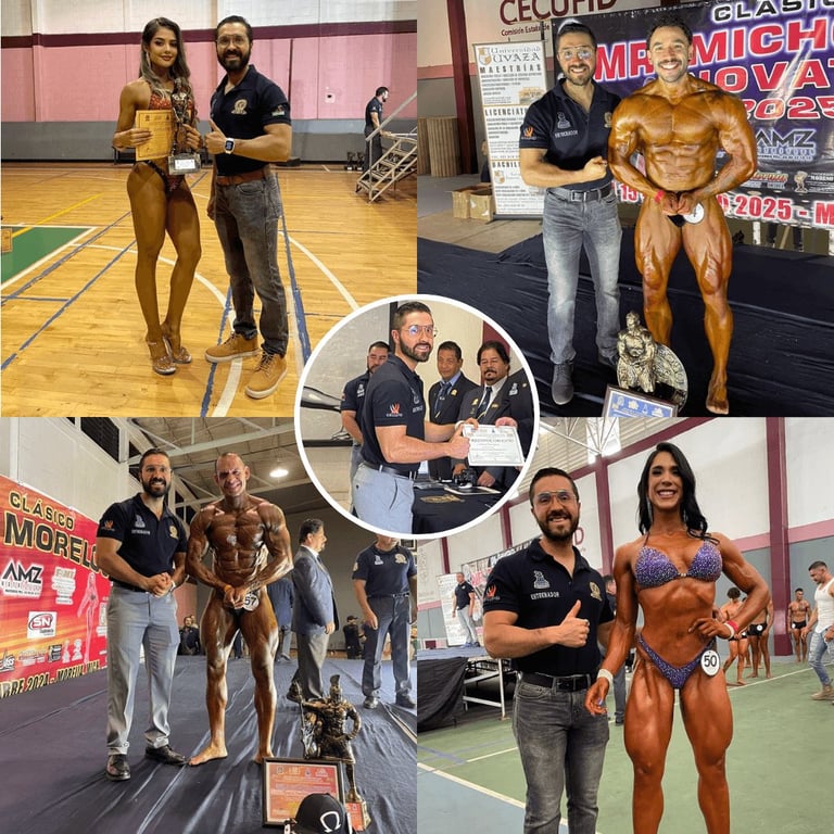 Collage of bodybuilding competition photos showing muscular competitors posing with judges and officials at a fitness event