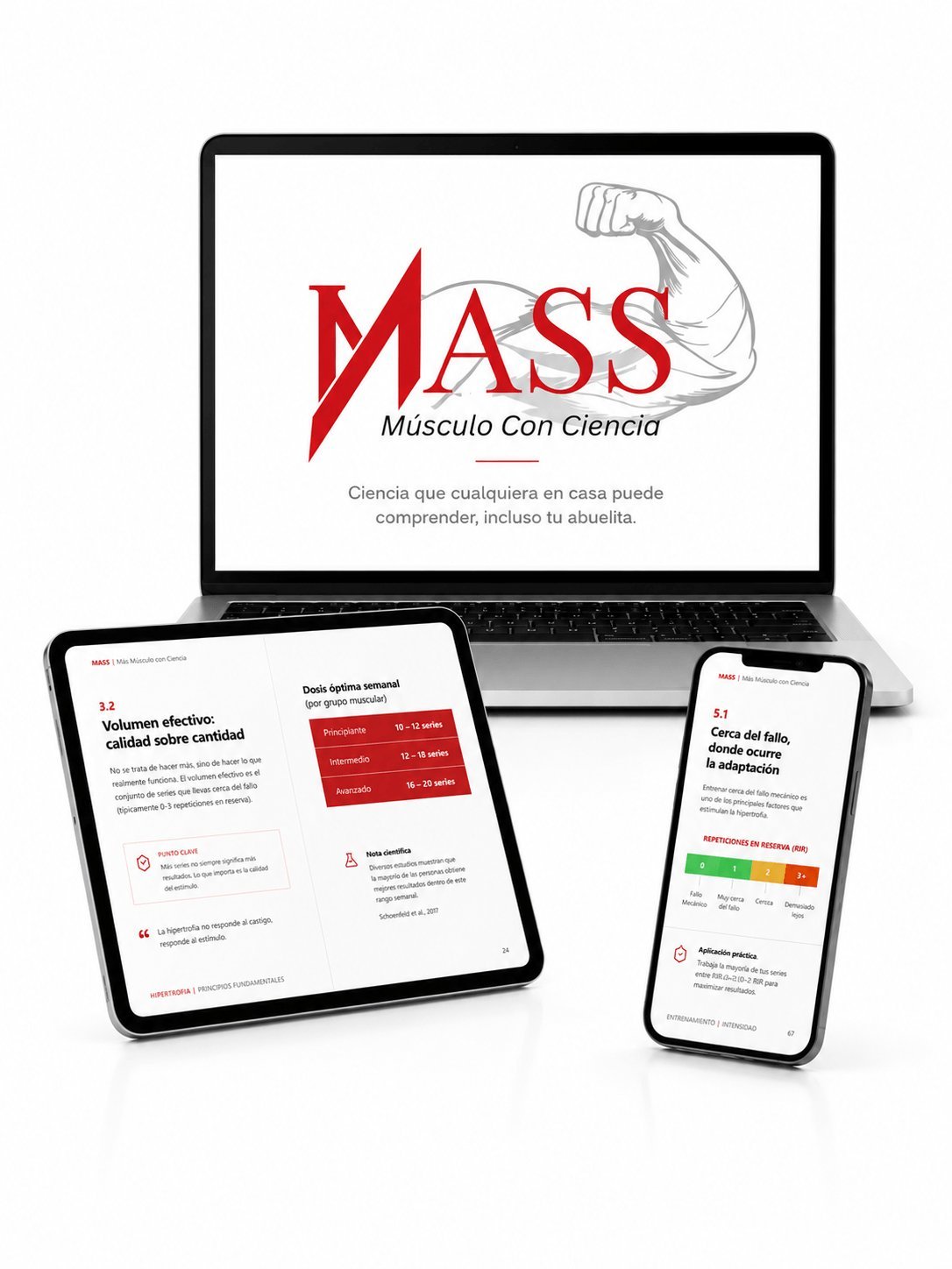 MASS Musculo Con Ciencia website displayed on laptop, tablet, and smartphone screens showing fitness science content