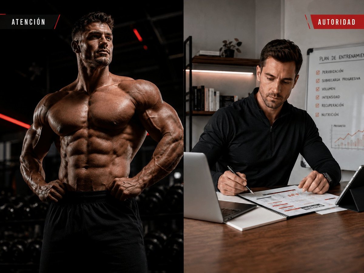 Split-screen comparison showing muscular man posing with ATENCIÓN label and businessman working at desk with AUTORIDAD label
