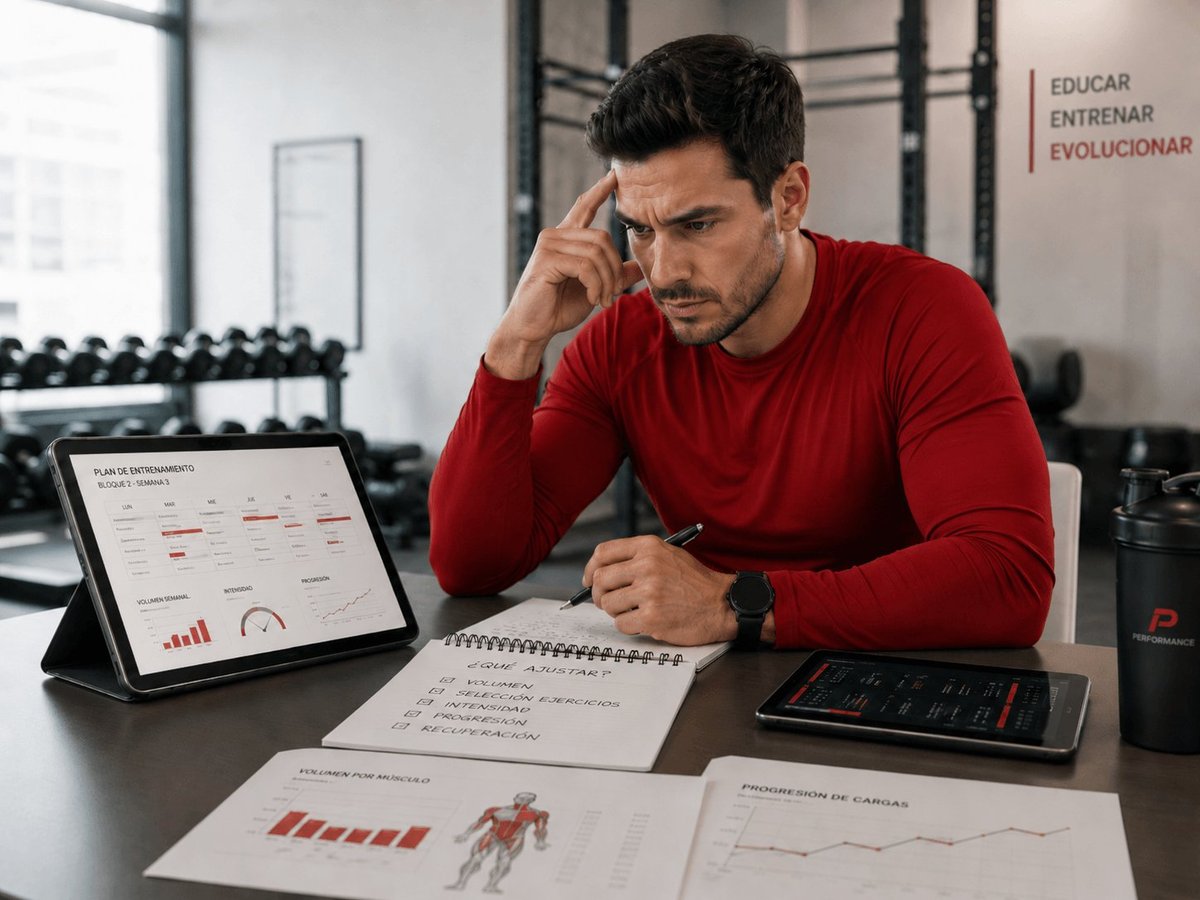 Man in red shirt at desk studying fitness data on tablet and papers in modern gym setting