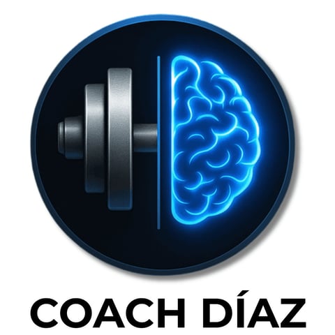 Logo showing a dumbbell and glowing blue brain icon with Coach Díaz text below