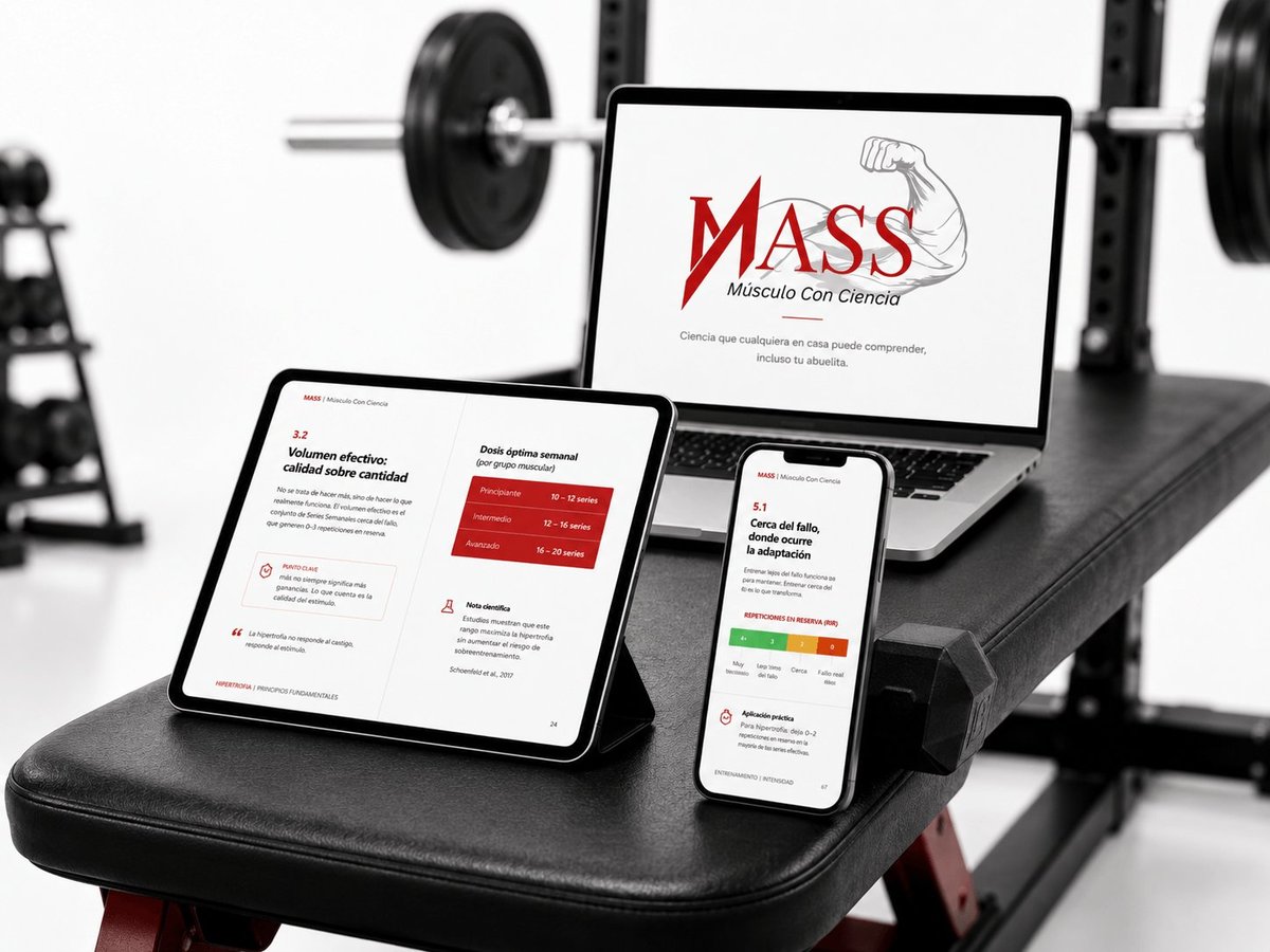 MASS fitness app displayed on laptop, tablet, and smartphone on gym bench with weights in background