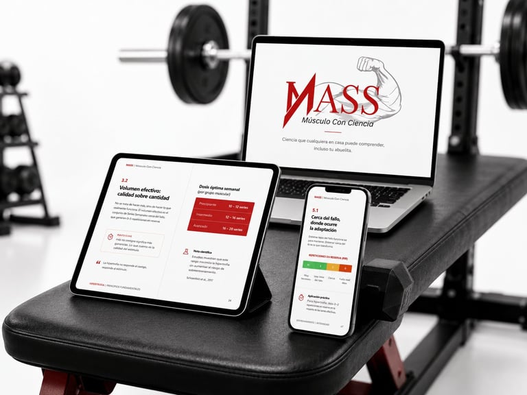 MASS fitness app displayed on laptop, tablet, and smartphone on gym bench with weights in background