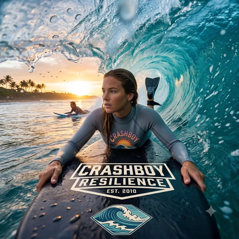Surfer riding inside a large ocean wave at sunset, holding a Crashboy Resilience board, with tropical palm trees visible on the shore