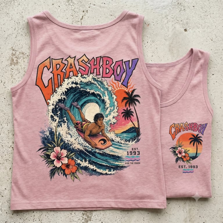 Two pink sleeveless tanks with Crashboy graphic print featuring surfer on wave with palm trees and flowers, Est. 1993