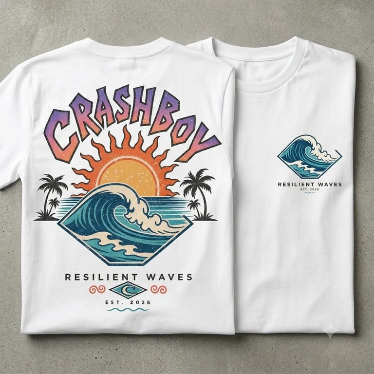 Two white t-shirts displaying Crashboy Resilient Waves surf design with sun, waves, and palm trees