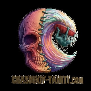 Colorful stylized skull with vibrant purple and pink gradient, stitched design, and green elements, with crashboy-tawiti.com text below