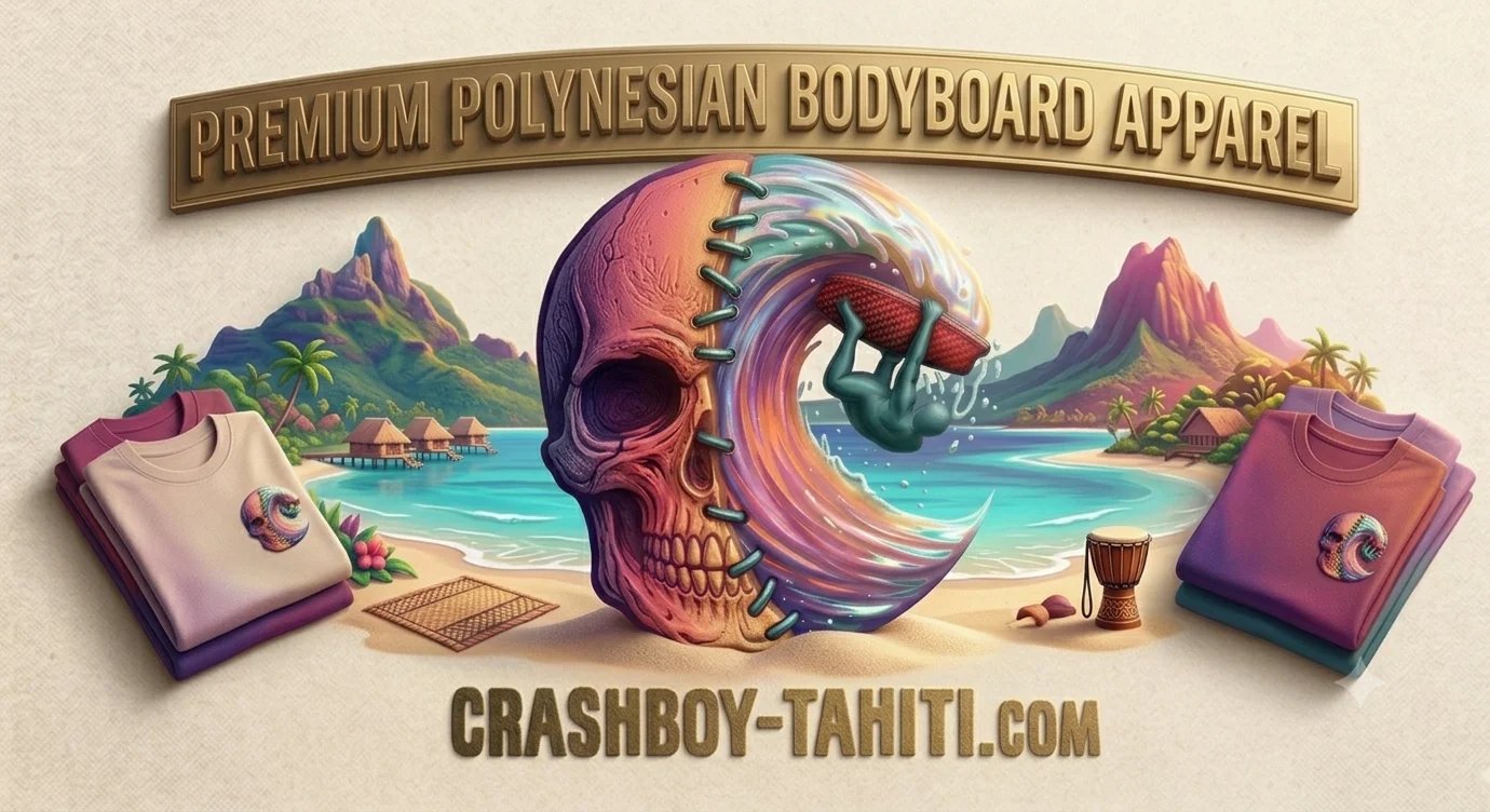 Premium Polynesian bodyboard apparel logo featuring colorful skull, tropical island beach scene, and merchandise with crashboy-tahiti.com