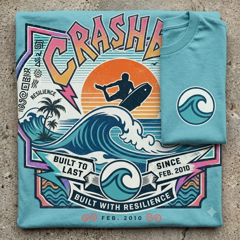 Turquoise t-shirt with retro surf graphic featuring surfer silhouette, ocean waves, and text reading Crash, Built to Last, Built with Resilience, Since Feb 2010