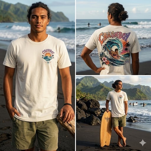 Man wearing cream colored surf t-shirt at beach with ocean and mountains in background, shown from front and back views with surfboard