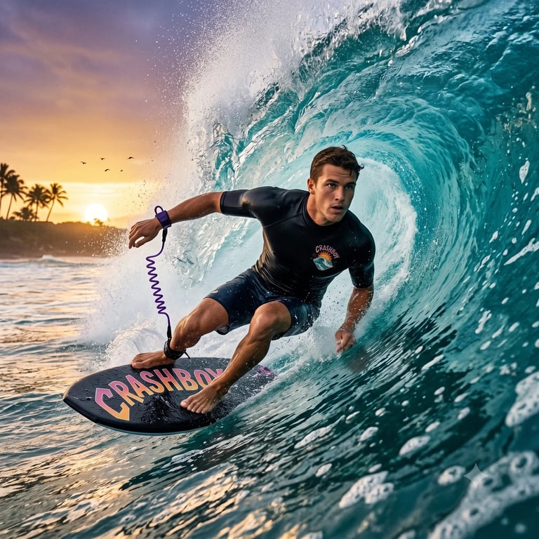 Surfer riding a large turquoise wave at sunset with tropical beach and palm trees in the background