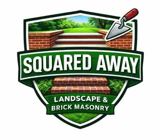 Squared Away Landscape and Brick Masonry logo featuring a shield with brick walls, green lawn, and a trowel icon