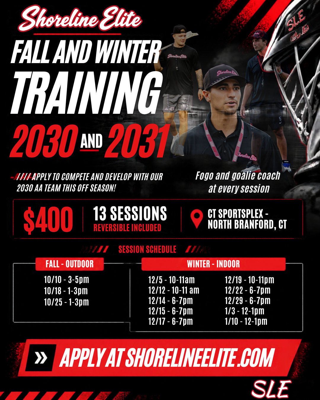Shoreline Elite Fall and Winter Training 2030-2031 program flyer with coaching staff, session schedule, pricing, and CT Sportsplex location details