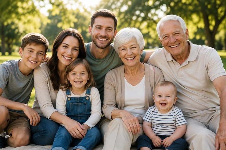 Multi-generational family smiling together outdoors — Bagley Chiropractic family chiropractor in Navarre FL providing care for kids, parents, and grandparents
