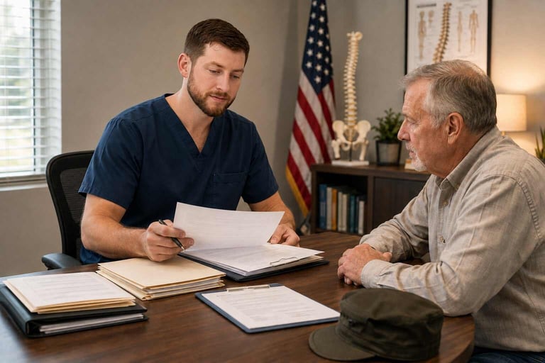 Dr. Taylor Bagley reviewing Nexus letter medical documentation with a veteran patient at Bagley Chiropractic in Navarre FL to support a VA disability claim