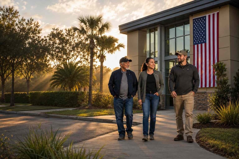 Veterans at ease near an American flag, symbolizing the community and quality of life that VA Community Care chiropractic with Dr. Taylor Bagley in Navarre FL is designed to support