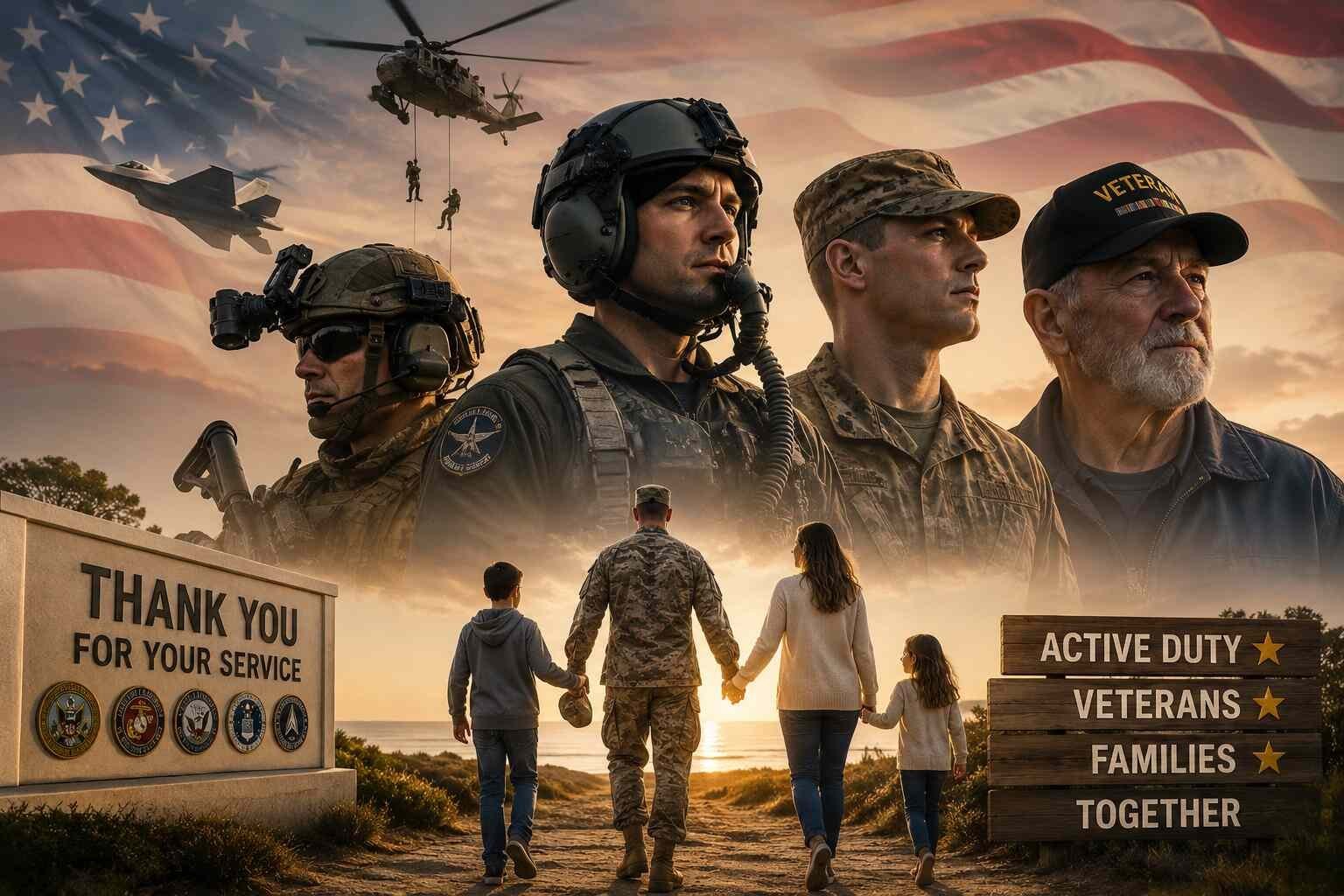 Composite tribute image honoring military service members and veterans — active duty soldiers, a veteran in a cap, and a service member holding hands with his family walking into the sunset, with American flag, military helicopters, and signage reading Thank You For Your Service and Active Duty Veterans Families Together. Bagley Chiropractic in Navarre FL is honored to provide chiropractic care for active duty service members, veterans, and military families.