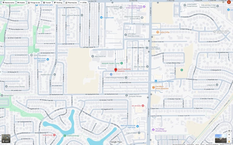 Google Maps view of the Gilbert neighborhood around David's Marketing Solutions on W Mesquite St