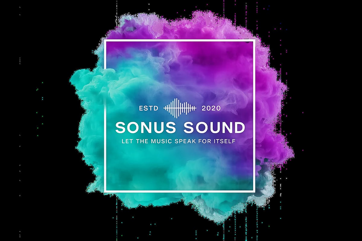 Sonus Sound logo with vibrant cyan and magenta watercolor effect and white text on black background