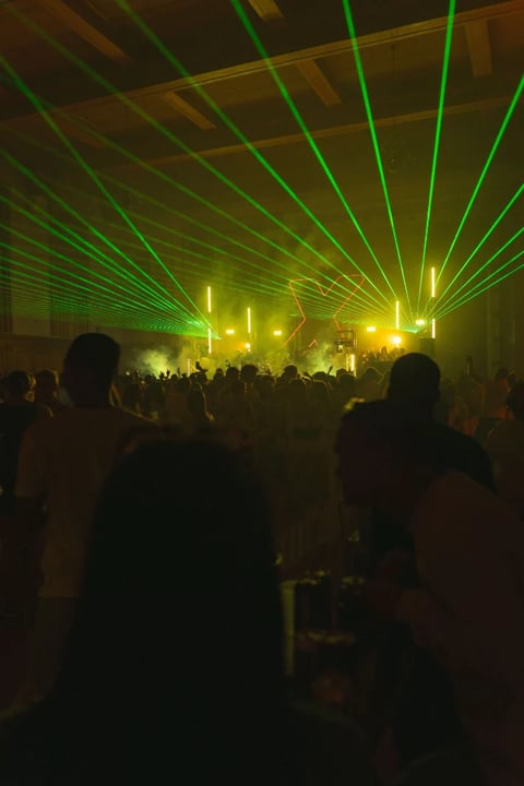 Silhouetted crowd at electronic music concert with green laser beams and yellow stage lights