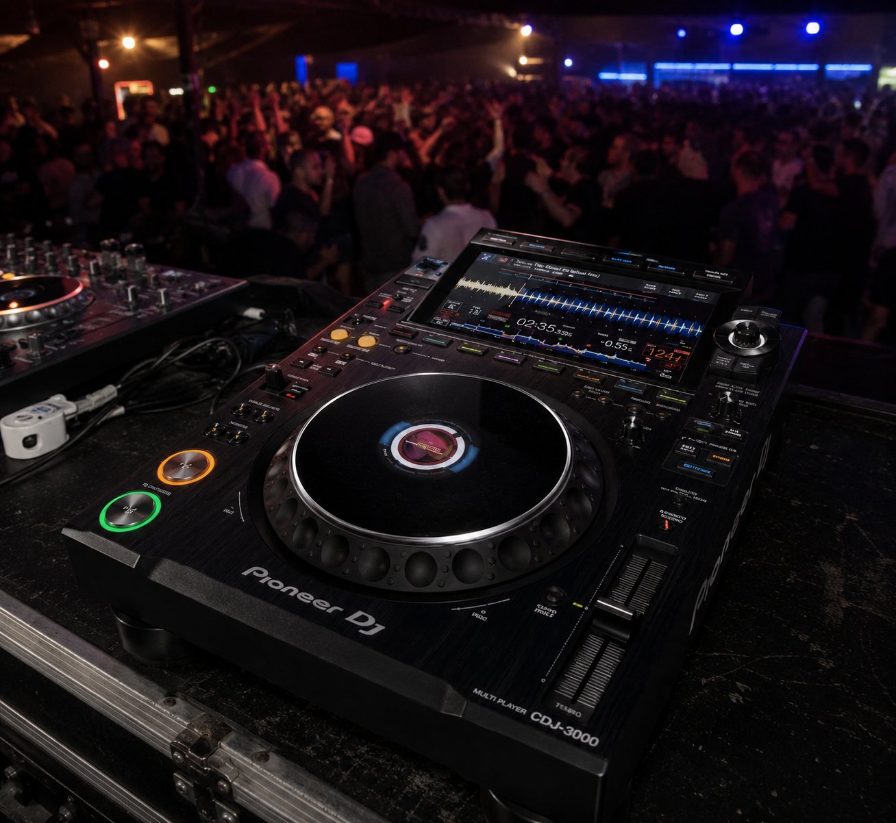 Professional DJ booth setup with CDJs and mixer at a club event