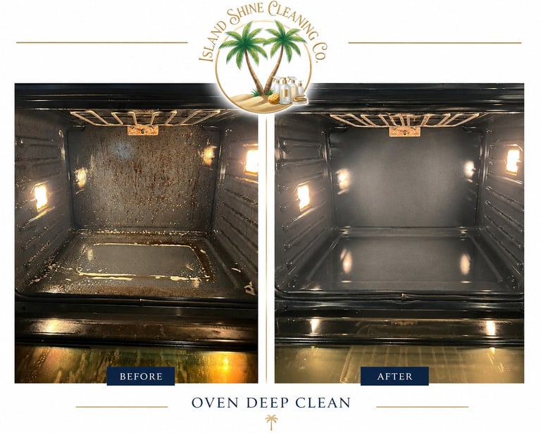 Before and after comparison of a deeply cleaned oven interior, showing the transformation from grease-covered to clean