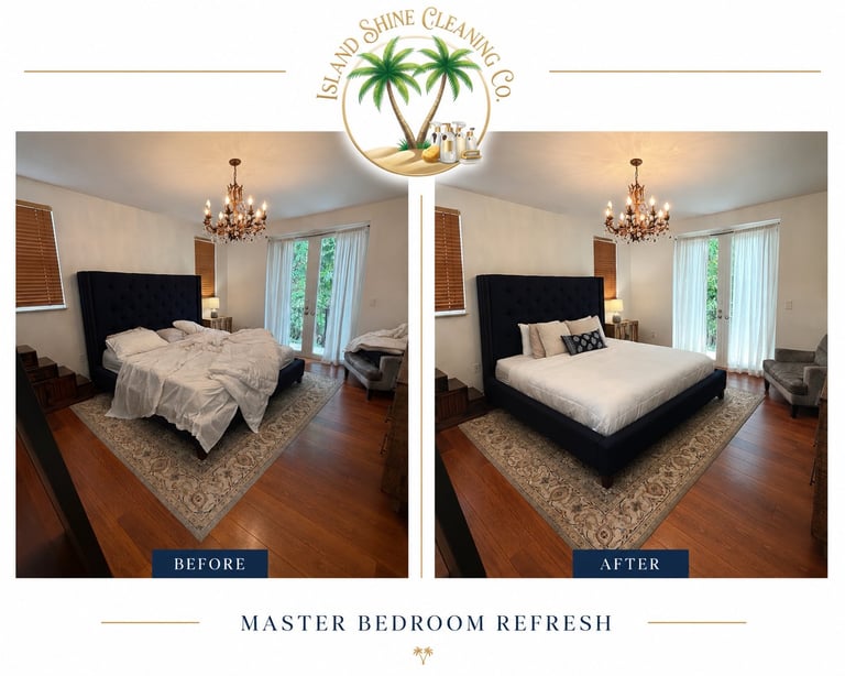 Before and after master bedroom refresh showing improved bed styling and organization by Island Shine Cleaning Co