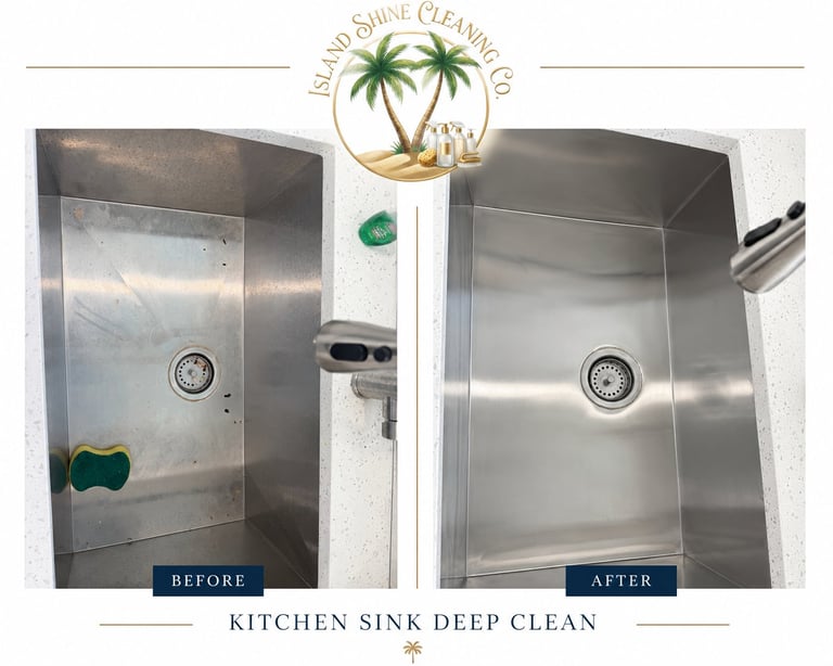 Before and after comparison of kitchen sink deep cleaning, showing stainless steel sink transformation by Island Shine Cleaning Co