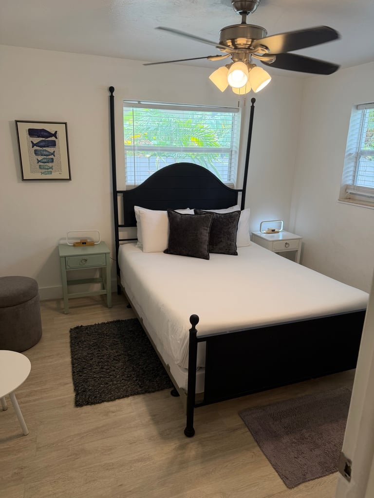 A modern bedroom with a black four-poster bed, white bedding, and black throw pillows