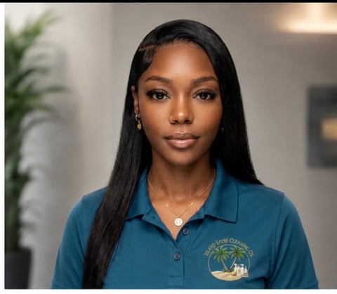 Professional headshot of a woman with long black hair wearing a teal polo shirt with a logo, standing indoors