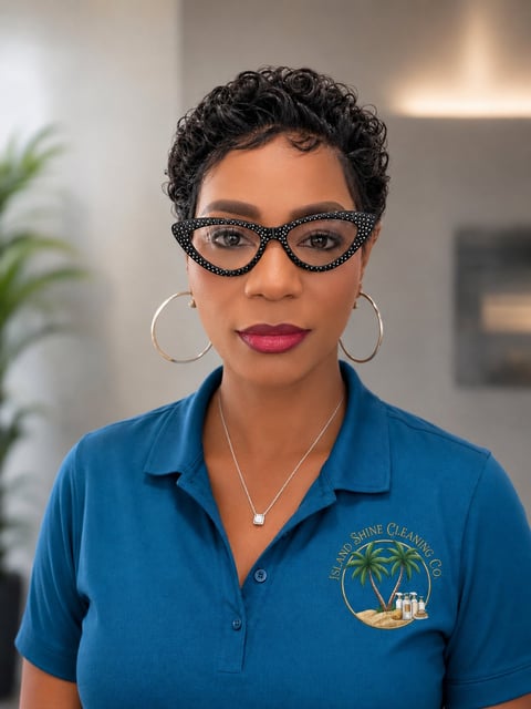 Portrait of woman wearing blue polo shirt with palm tree logo, decorative cat-eye glasses