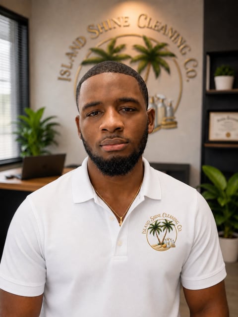 Man in white polo shirt with palm logo in office with Island Shine Cleaning Co logo on wall