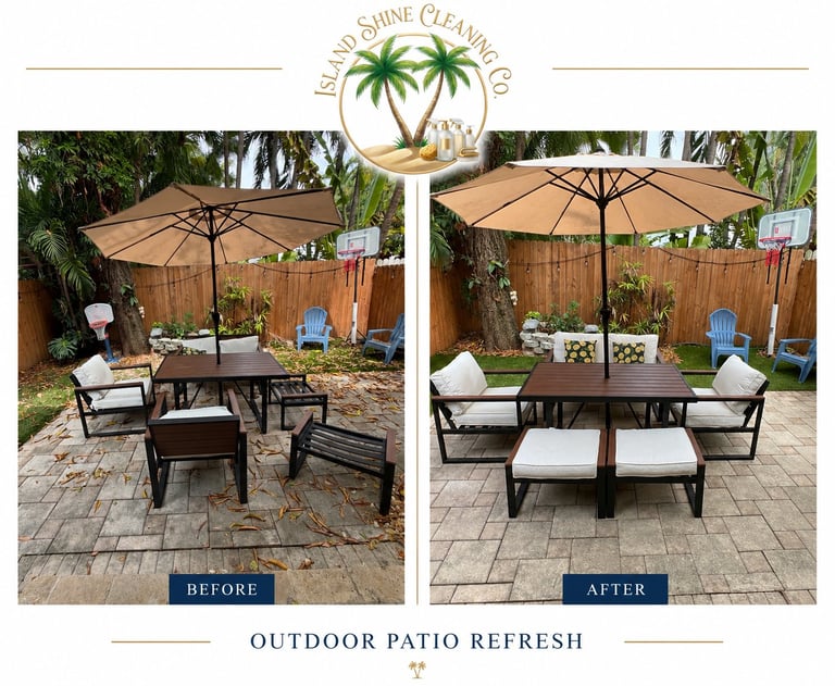Before and after outdoor patio cleaning showing a wooden deck with patio furniture and umbrella, cleaned and refreshed