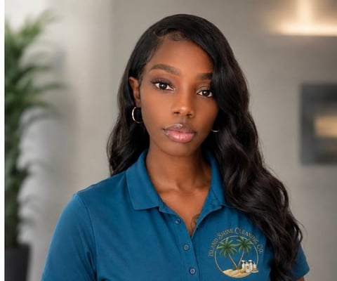 Woman with long black wavy hair wearing a blue polo shirt with a tropical logo, posing indoors with a plant in background