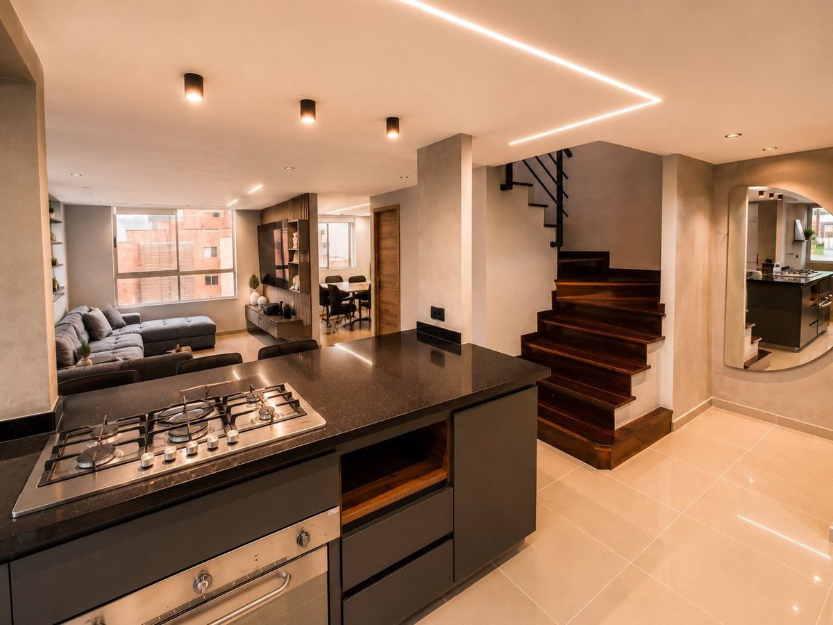 Modern open-plan kitchen and living room with black countertops, wooden staircase, and ambient ceiling lighting
