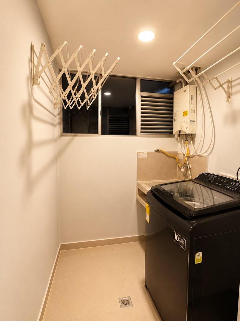 Laundry room with black top-loading washing machine, wall-mounted drying rack, window with louvers, and white interior walls.