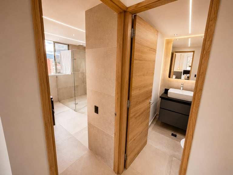 Modern bathroom suite with walk-in shower, vanity sink, and wooden doorways in contemporary home interior