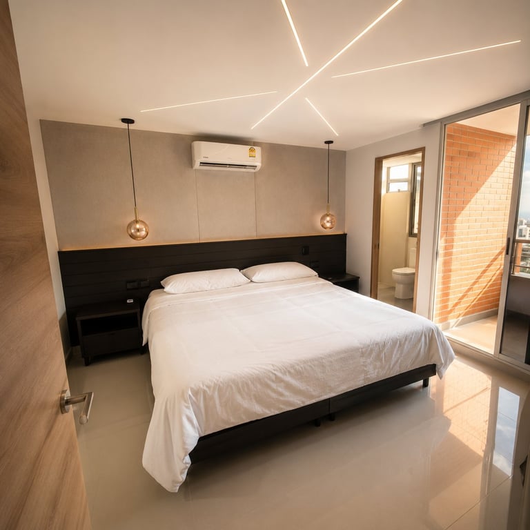 Modern bedroom with black bed frame, white bedding, pendant lights, geometric ceiling lights, and glass doors leading to a balcony